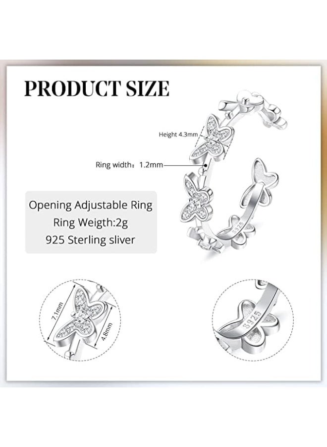 ChicAbode 925 Sterling Silver Ring for Women Girls Silver Butterfly Ring Cubic Zirconia Butterfly Open Thumb Rings Adjustable Ring Women Girls, Silver, Cubic Zirconia - Image 2